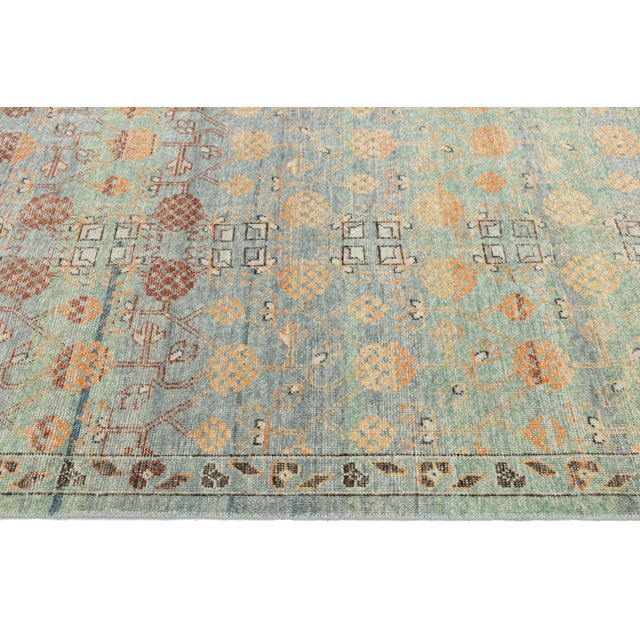 Vintage-Inspired Khotan Geometric Wool Rug – Earthy Sage, Terracotta, and Navy For Sale - Image 9 of 9