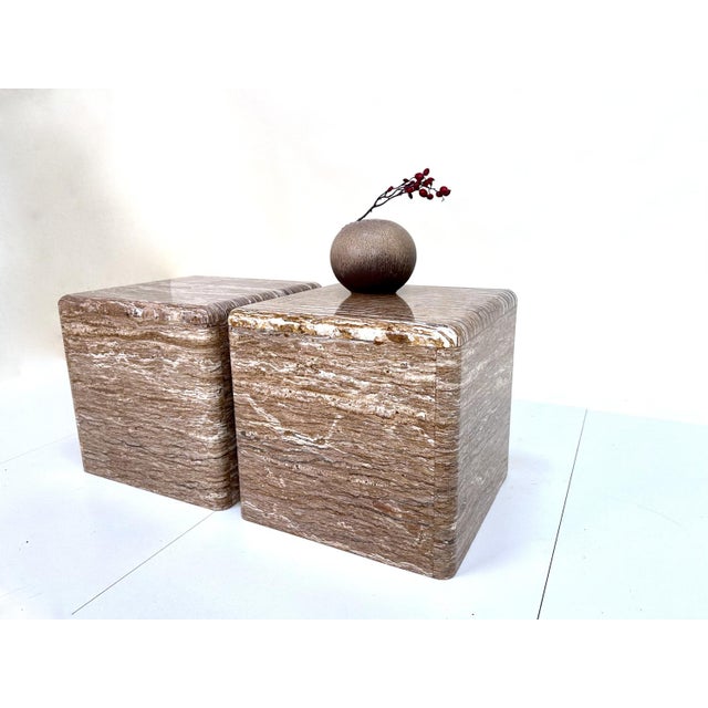 Veined Polished Travertine Stone Side Tables, 1970s, Set of 2 For Sale - Image 11 of 18
