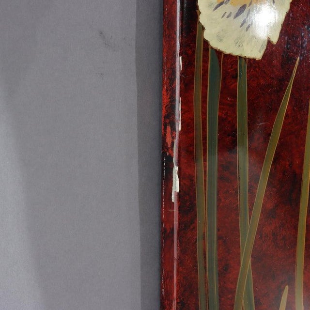 Brown Large Vintage Chinese Art Nouveau Mirror With Hand Painted Garden Irises C1920 For Sale - Image 8 of 13