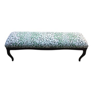 Chic Rose Cumming Green & Beige Linen Leopard Print Bench For Sale