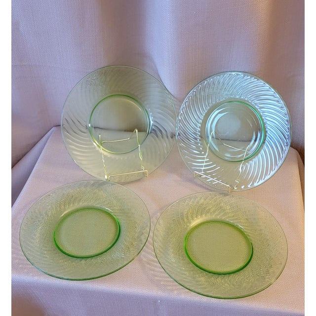 Glass Set of 4 Transparent Green Uramium Glass Salad Plates Early 20th Century For Sale - Image 7 of 16