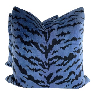 Scalamandre "Tigre Velvet" in Blues & Black 22" Pillows-A Pair For Sale