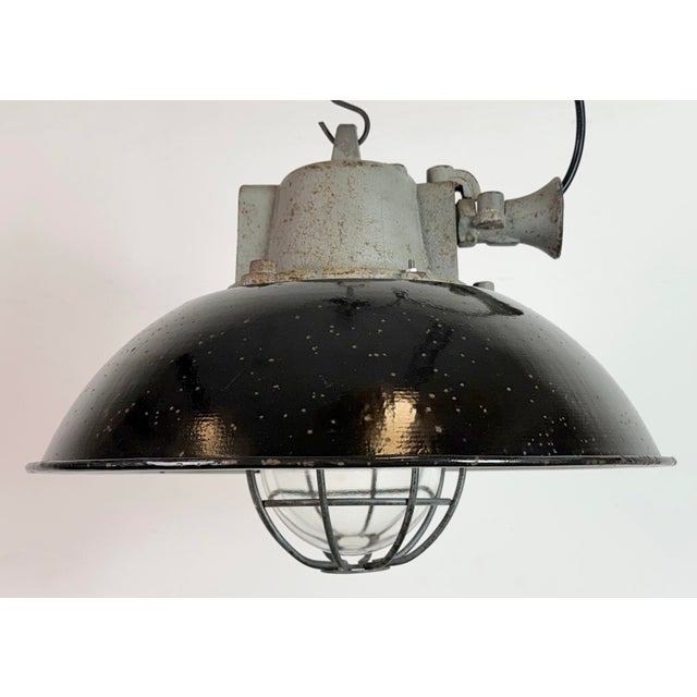 Black Industrial Black Enamel and Cast Iron Cage Pendant Light from Elektrosvit, 1960s For Sale - Image 8 of 18