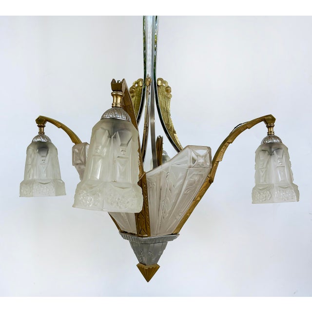 Art Deco 1930s Art Deco Gilt, Silvered Bronze Chandelier, Frosted Glass Shades For Sale - Image 3 of 14