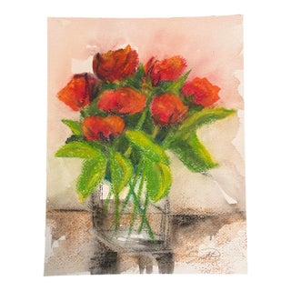 Signed Original Watercolor Botanical by Nancy Smith “Red Roses in Glass Vase”sev For Sale