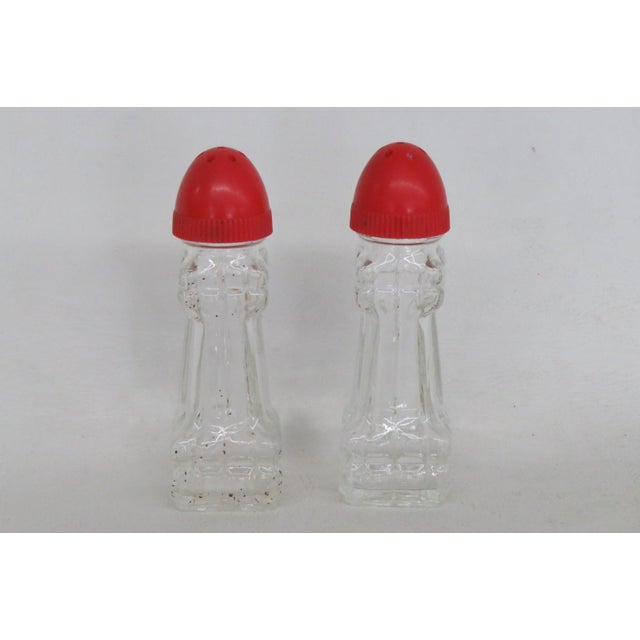Mid 20th Century Mid Century Modern Pressed Glass Salt and Pepper Shakers Pair of 2 With Red Tops For Sale - Image 15 of 15