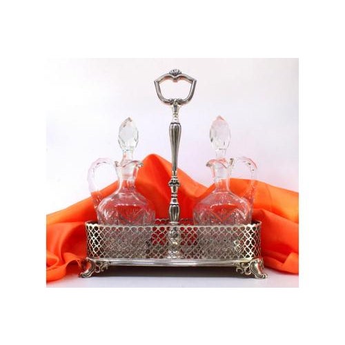 Cruet Set with Silver Structure and Cut Glass Cruets, Set of 3 For Sale - Image 3 of 6