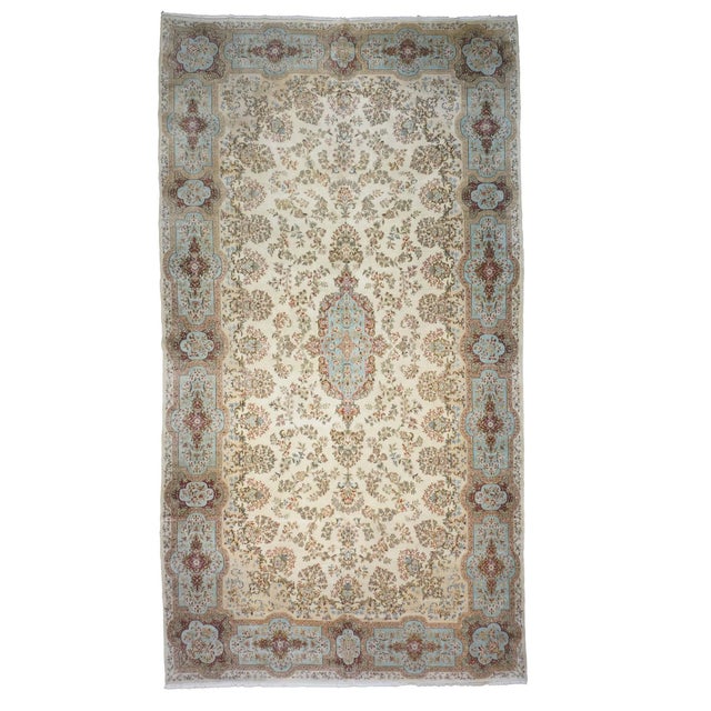 Antique Persian Kerman Wool 11x20 Blue & Ivory Handmade Gallery Rug #1140658 For Sale - Image 9 of 9