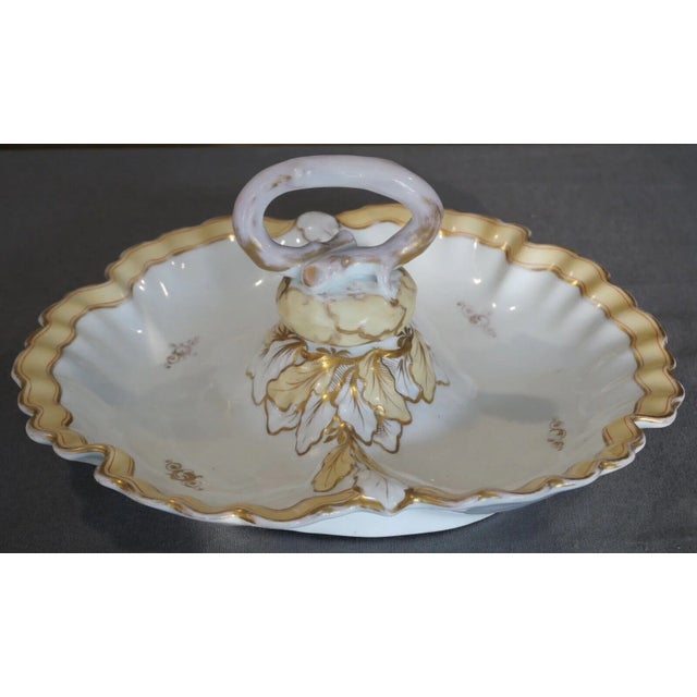 Bing & Grondahl Circa 1880 Danish Victorian Art Nouveau Bing & Grondahl Porcelain Gilded Leaf Motifs Tidbit Server With Figural Onion Handle For Sale - Image 4 of 7
