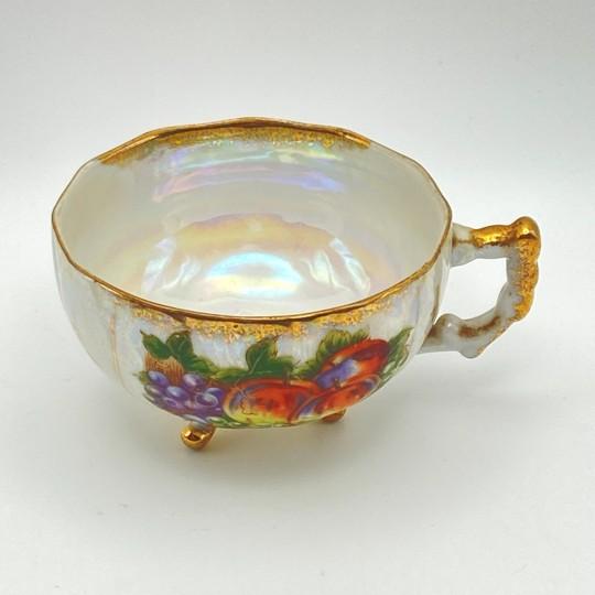 Pair of Kasuga Footed Iridescent Gilded Teacups (Handles, Fruit Design, Lusterware) Vintage For Sale - Image 4 of 16