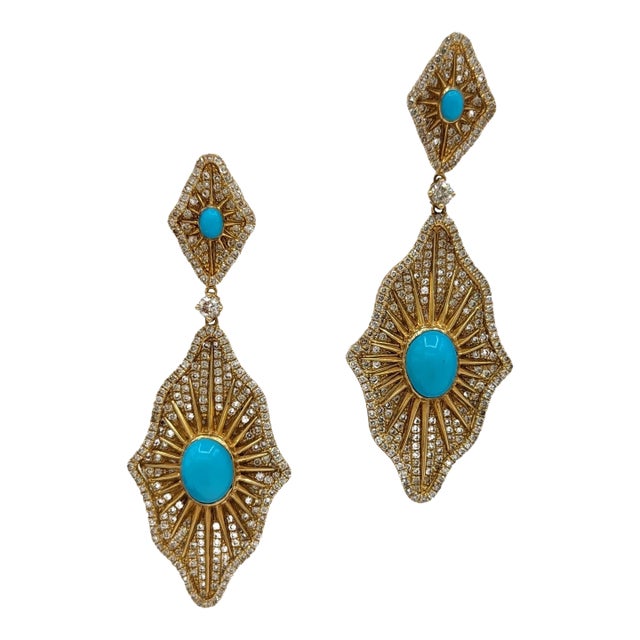 Turquoise Cabochon and White Diamond Dangle Earrings in 18K Yellow Gold - A Pair For Sale
