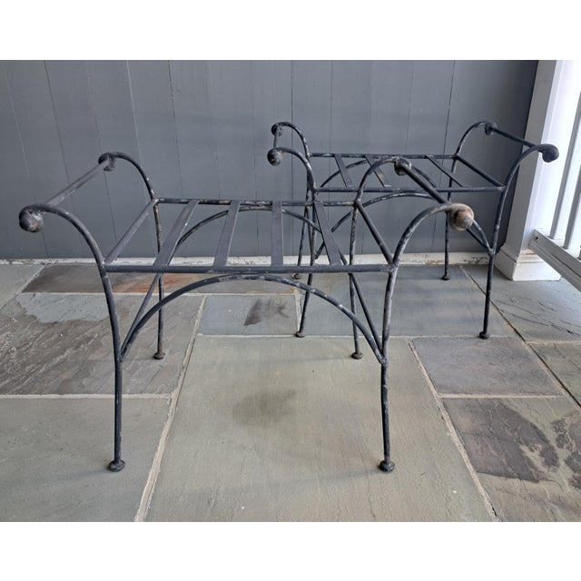 Vintage Pair of Iron Benches or Stools. They are 27" wide including the handles and 18" deep. The seat height is 16.5'...