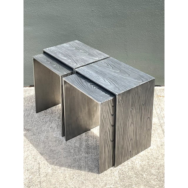 Dark Gray Vintage Wood Grain Metal Nesting Tables - Set of 4 For Sale - Image 8 of 12