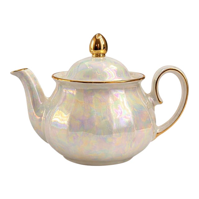 Vintage Wade England Pearl Wedding Lustreware Teapot – Iridescent Crackle Glaze Gold Trim For Sale