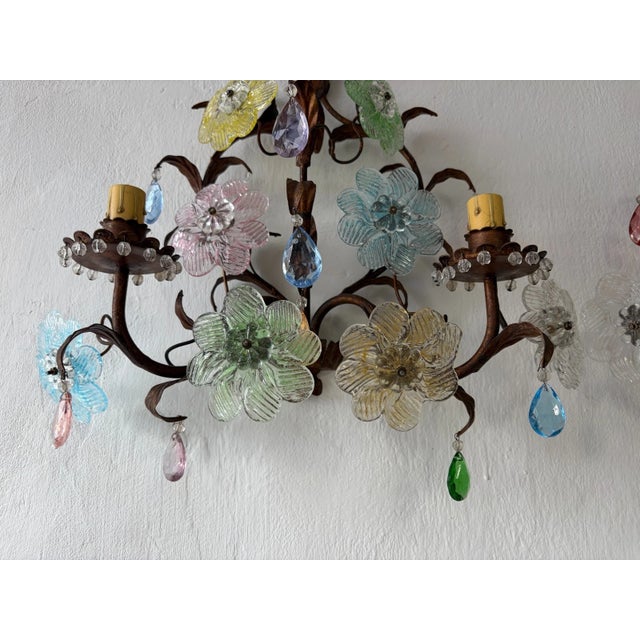 Italian Murano Multicolor Prisms Flowers Gilt Metal Sconces, C 1930 For Sale - Image 15 of 15