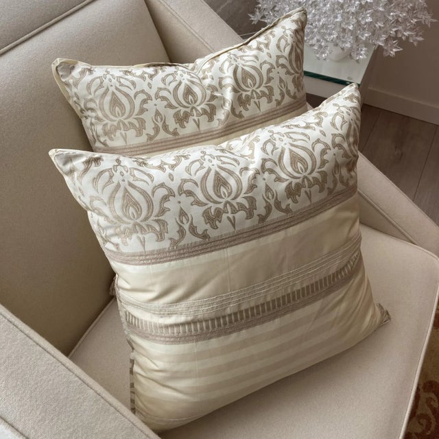 2000 - 2009 2000s Cream Damask Pattern Pillows - a Pair For Sale - Image 5 of 6