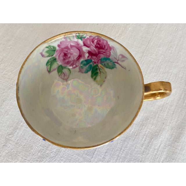 Vintage Ucagco Ceramics Japan Porcelain Teacup and Saucer Set Cobalt Blue Pink Rose Lusterware Pierced Scalloped Rim Mid-Century Excellent Condition For Sale In Denver - Image 6 of 13