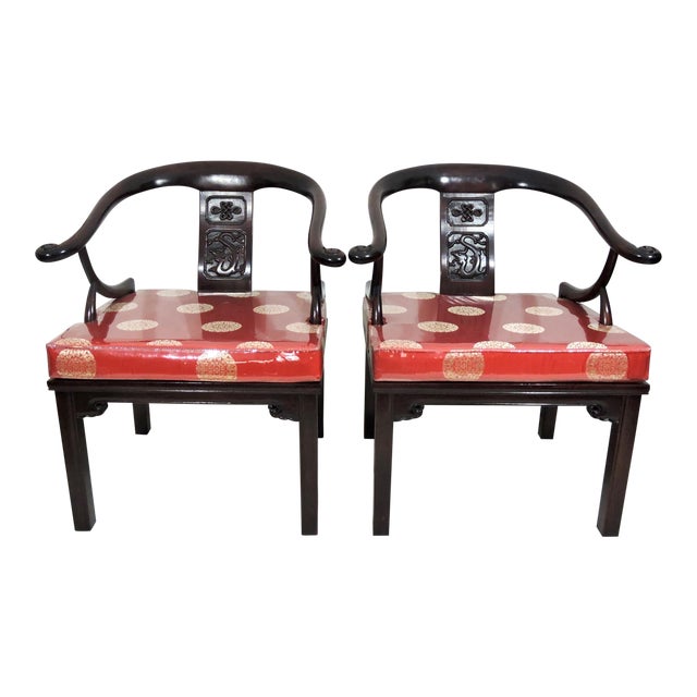 Vintage Chinese "Ming Style" Rosewood Arm Chairs With Dragons & Red