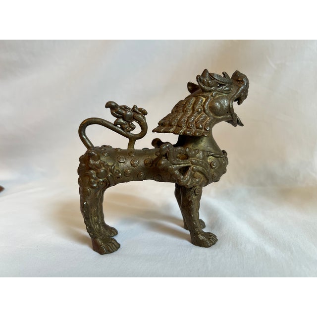 Vintage Bronze Foo Dogs on Wooden Stand - 3 Piece Set For Sale - Image 4 of 16