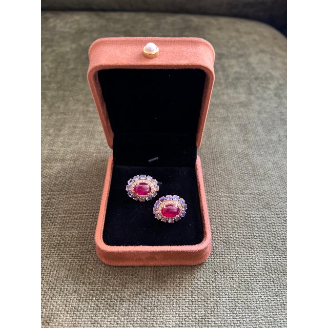 Bochic "Capri" Vintage Ruby & Multi Lavender Tanzanite Earrings Set In 18K Gold & Silver Natural Ruby Oval Shape from...