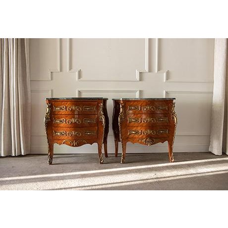 Pair Vintage French Louis XV Bombé Chests, Marble Top Commode Nightstands For Sale - Image 11 of 18