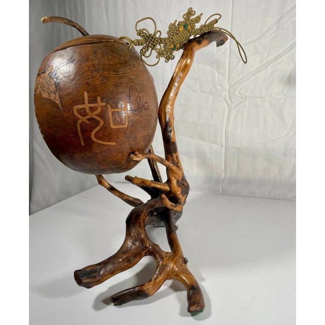 Chinese Lanzhou Gourd Carving With Macrame Cord on Root Stand Sculpture. For Sale - Image 12 of 13