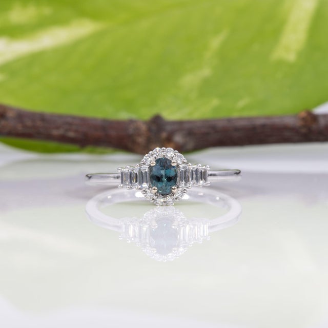 Blue Alexandrite Ring With Earth-Mined Diamond Accents: Solid 14k Gold, Oval 5x3.5mm For Sale - Image 8 of 12