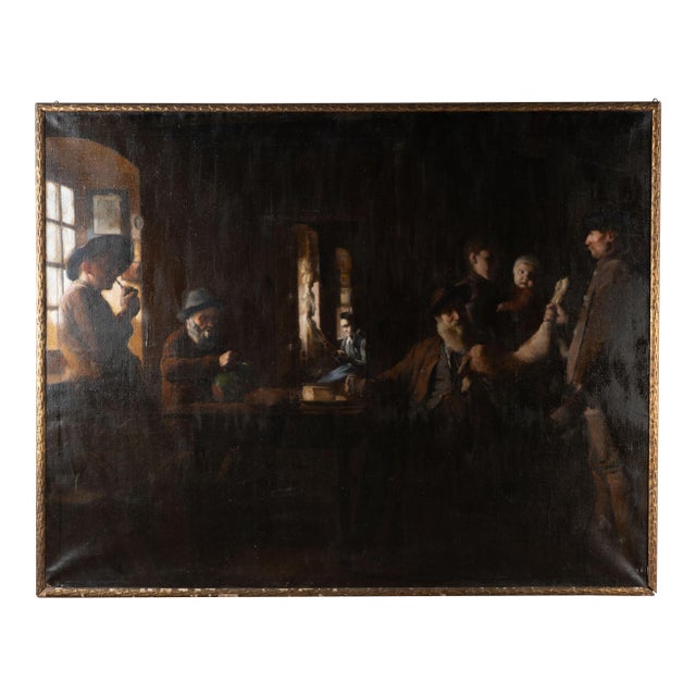 Large Original Oil on Canvas Painting of Interior Scene With Hunter, Denmark Circa 1900 For Sale