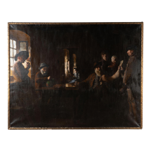 Large Original Oil on Canvas Painting of Interior Scene With Hunter, Denmark Circa 1900