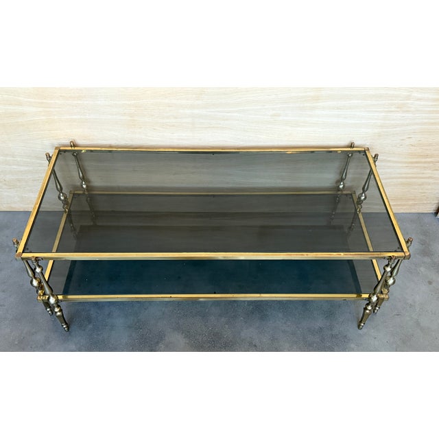 Brass Mid-Century Modern Two-Tier Brass With Fumé Glass Rectangular Side Table For Sale - Image 8 of 9