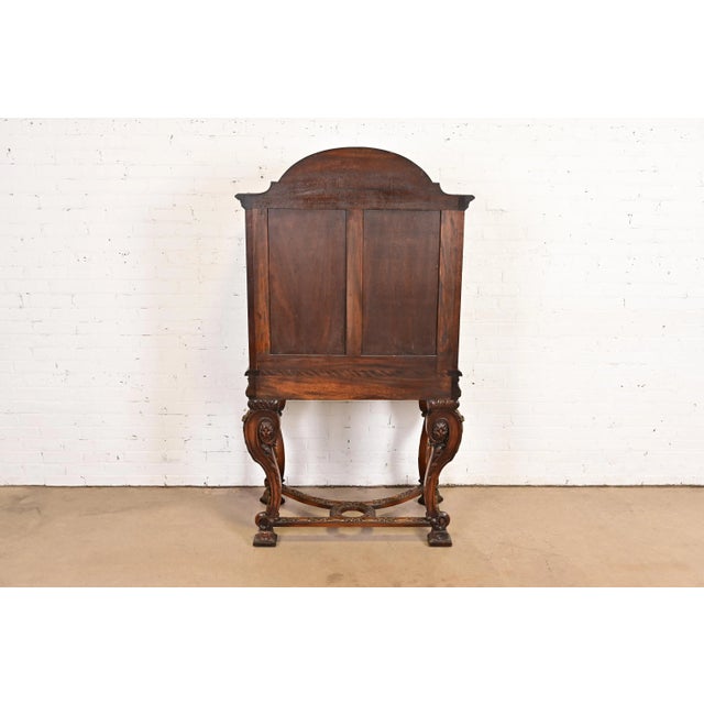 Berkey & Gay Style Antique English Jacobean Carved Walnut Hand Painted Bookcase or Bar Cabinet, Circa 1920s For Sale - Image 13 of 14