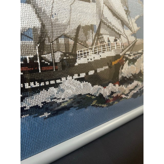 1990s Vintage Signed Nautical Cross Stitch Ship Framed Textile Art c.1992 For Sale - Image 5 of 11