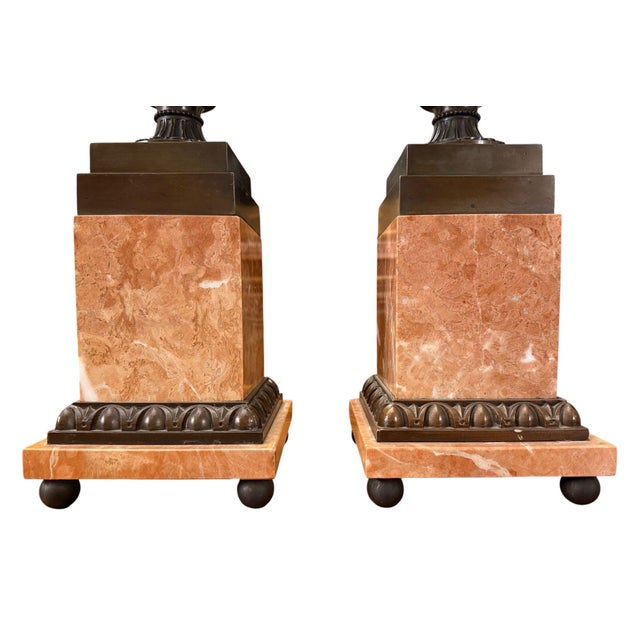 Pair of 19th Century French Bronze Urns on Marble Pedestals. For Sale - Image 9 of 10