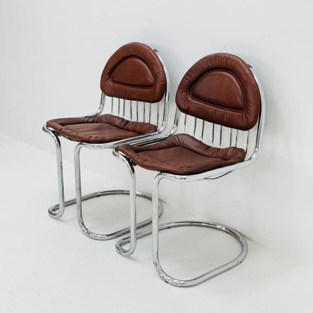 Brown Mid-Century Tubular Chrome and Leather Cantilever Dining Chair, 1970s by Gastone Rinaldi For Sale - Image 8 of 9