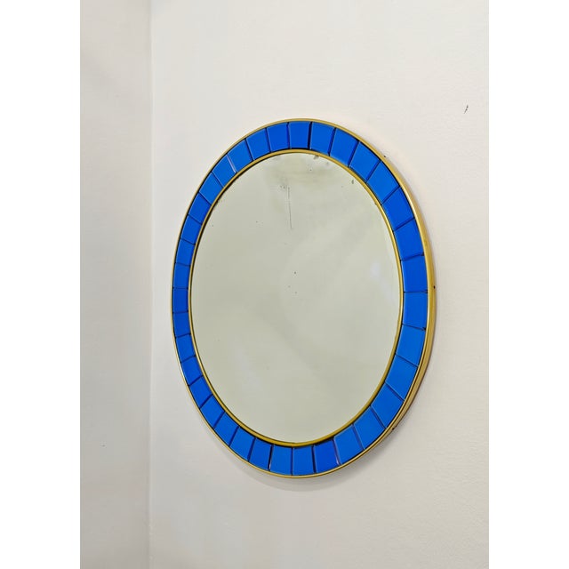 1950s Vintage Italian Circular Wall Mirror in Blue Crystal and Brass from Cristal Art, 1950s For Sale - Image 5 of 13