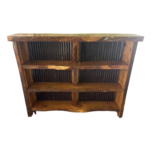 Late 20th Century Rustic Live-Edge Solid Wood & Corrugated Metal Open Bookcase For Sale
