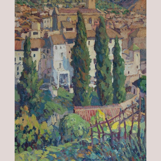Ramón Moscardó, Mediterranean Village Scene, Original Oil on Canvas, 1980s, in Good conditions. Designed 1980 to 1989