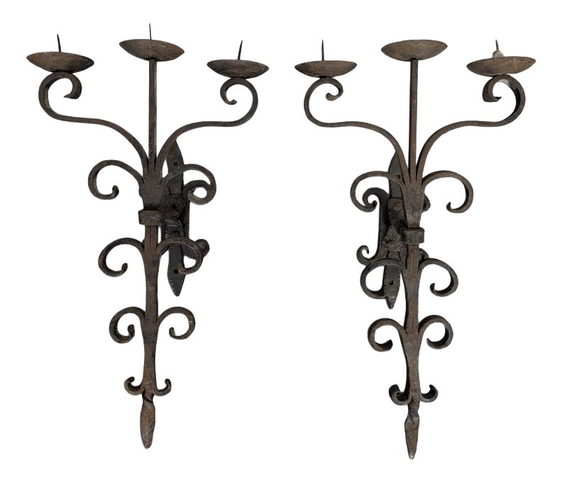Three-Light Wrought Iron Wall Sconces, Set of 2