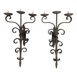 Three-Light Wrought Iron Wall Sconces, Set of 2 For Sale