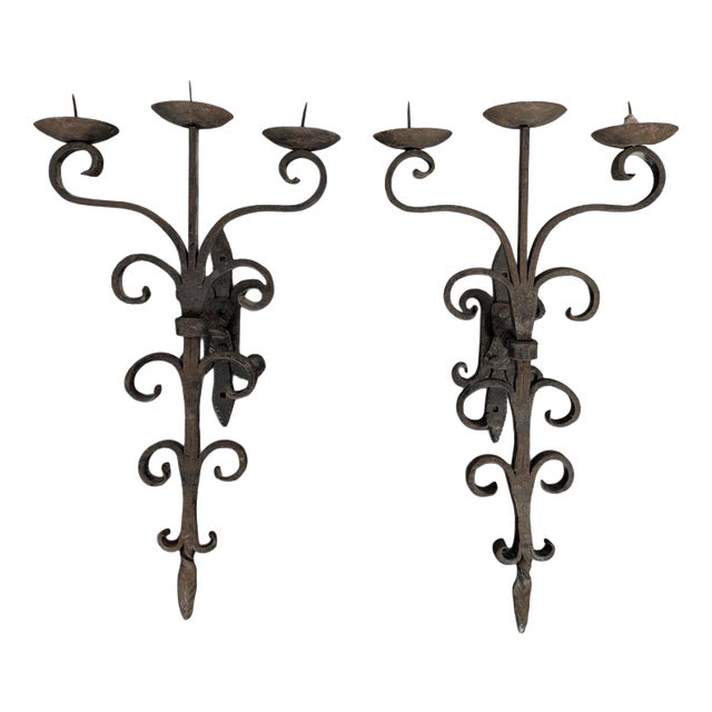 Three-Light Wrought Iron Wall Sconces, Set of 2 For Sale