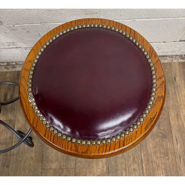 Vintage Virginia House Oxblood Burgundy Vinyl Nailhead Swivel Backless Barstools For Sale - Image 4 of 15