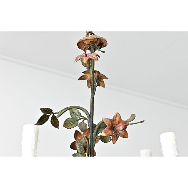 French French Vintage Tôle Painted Floral Chandelier For Sale - Image 3 of 13