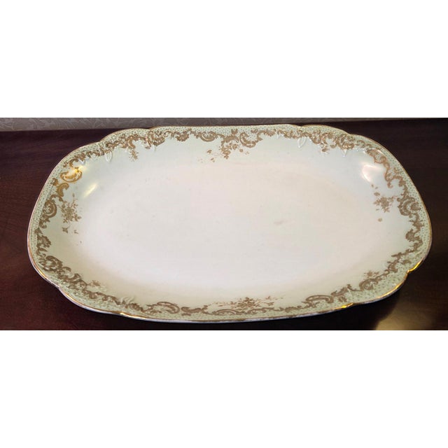 Art Nouveau Antique Elite Works Limoges Large 13.5” Serving Platter - Celadon Dot & Gilded Scrolls For Sale - Image 3 of 14