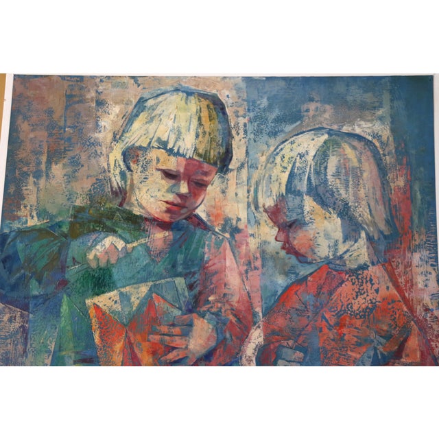 Wonderful mid-century modern painting by German artist Gerda B. With, titled “Little Drummers”, dated 1957. This...
