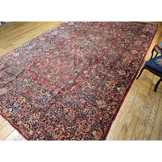 Antique Oversized Persian Sarouk Area Rug, Hand-Knotted Wool, Allover Floral Pattern, 10x17, Red & Navy For Sale In Chicago - Image 6 of 18