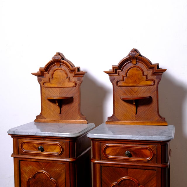 Antique Bedside Tables with Marble Backsplashes and Bases, Late 19th Century, Set of 2 For Sale - Image 17 of 18