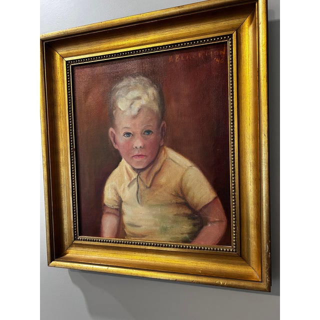 Mid-Century Modern Vintage 1940 Original Oil Painting Portrait of Boy Signed R. Blackmon, Original Gilt Frame Child Portrait For Sale - Image 3 of 11