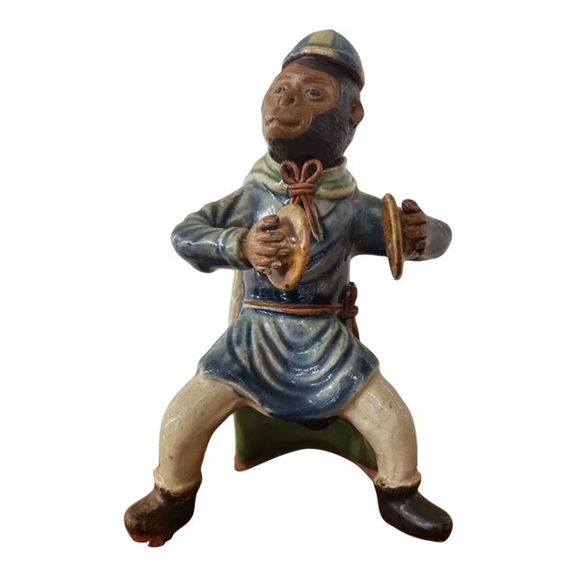 Circa 1970 Chinese Shiwan Pottery Monkey Musician Playing Cymbals Figurine For Sale