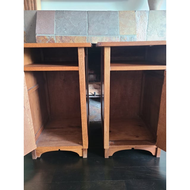 Wood Stickley Style Oak Mission Nightstands (Pair) With Inlaid Gillot & Cie Tile For Sale - Image 7 of 13