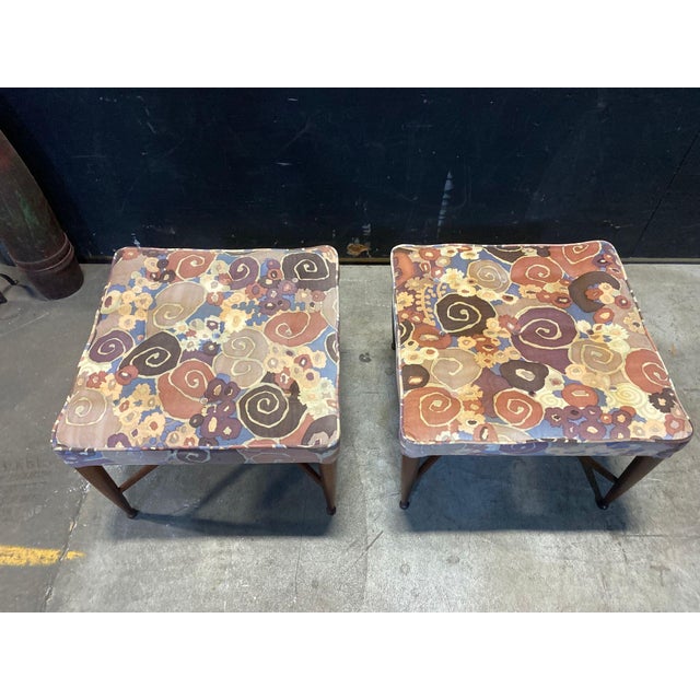 Here is a pair of Edward Wormley designed "Thebes" stools for Dunbar. The mahogany frames are in clear lacquer & the...